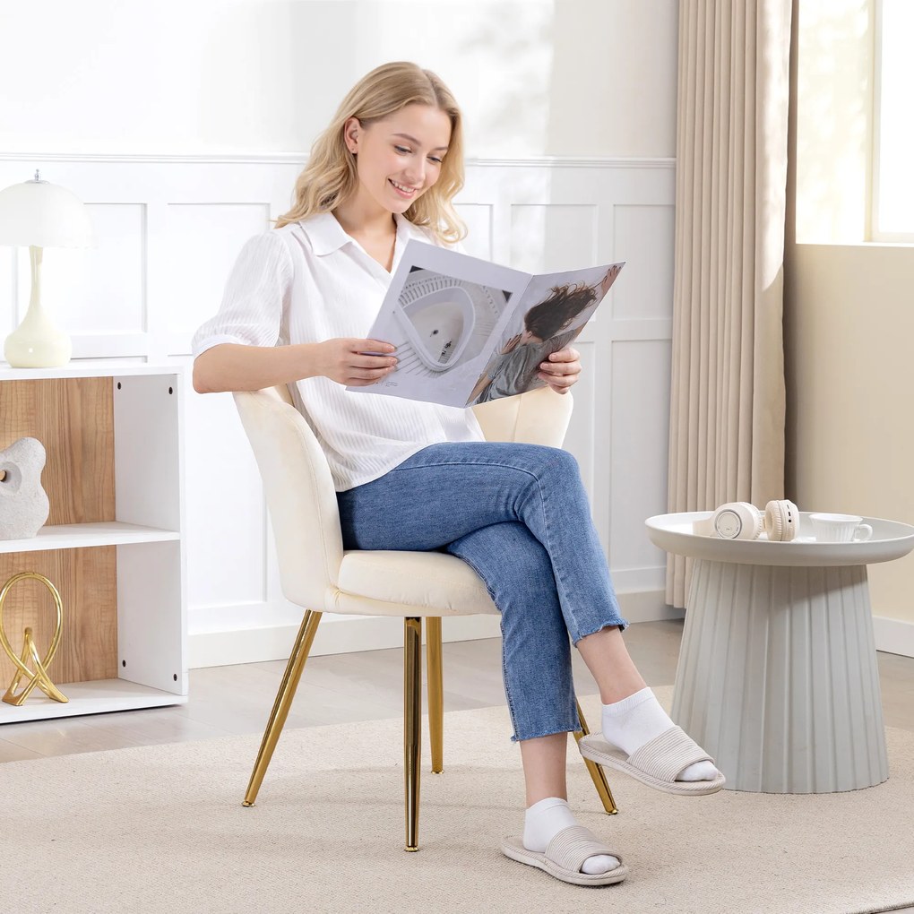 HOMCOM Fotoliu scoică scaun pentru masă de toaletă fotoliu din catifea fotoliu de salon cu picioare din metal auriu bej | Aosom Romania