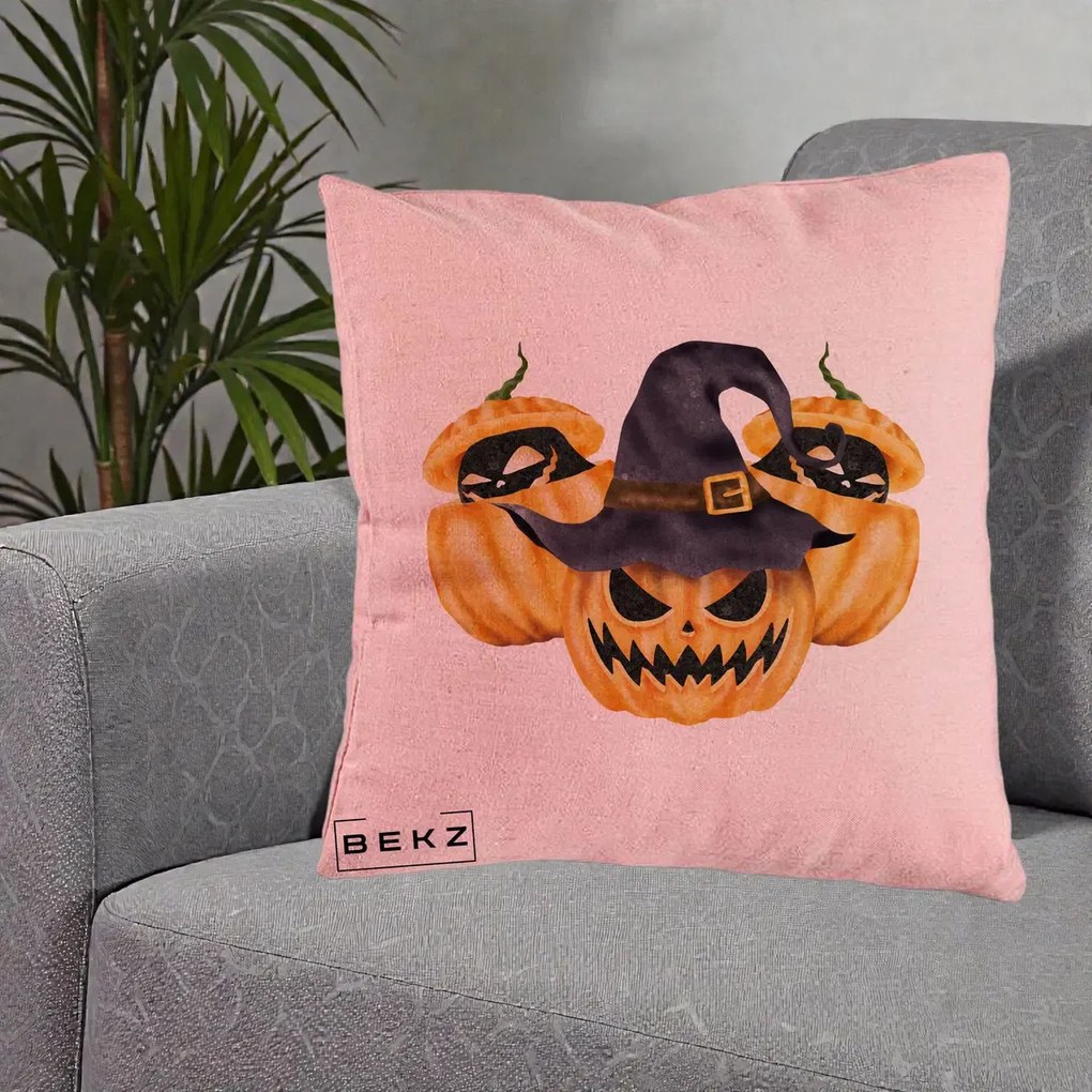 Perna Decorativa Trio Dovleci Jack-o-Lantern cu Palarie Vrajitoare, 40x40 cm, Roz, Husa Detasabila, Perna Inclusa, BEKZ®