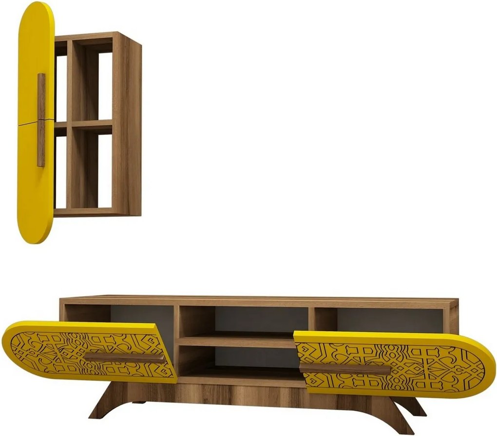 Măsuță TV cu dulap Defne Yellow and Walnut