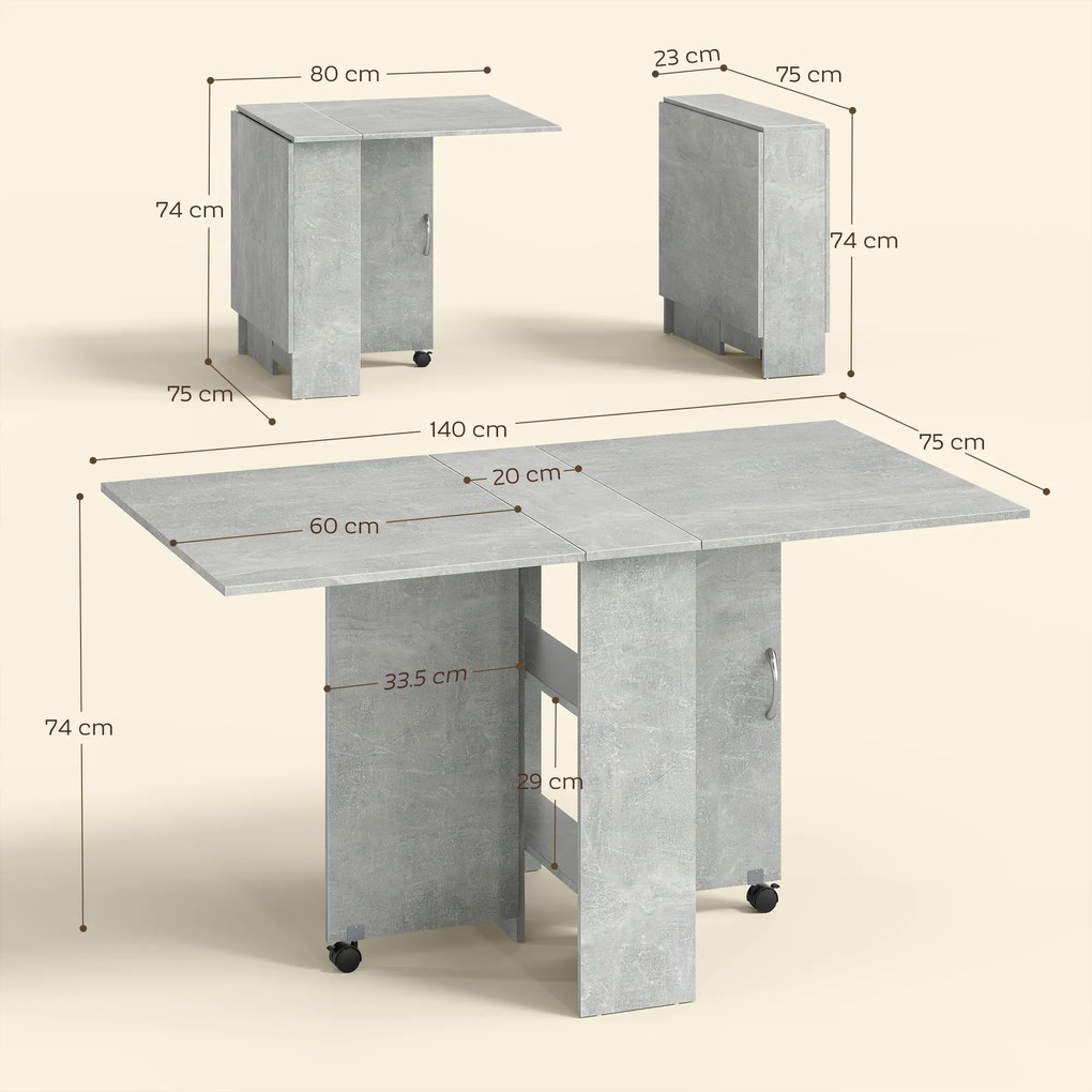 HOMCOM Masă Pliabilă din Lemn cu Roți, pentru 4-6 Persoane, 75x140x75 cm, Gri | Aosom Romania