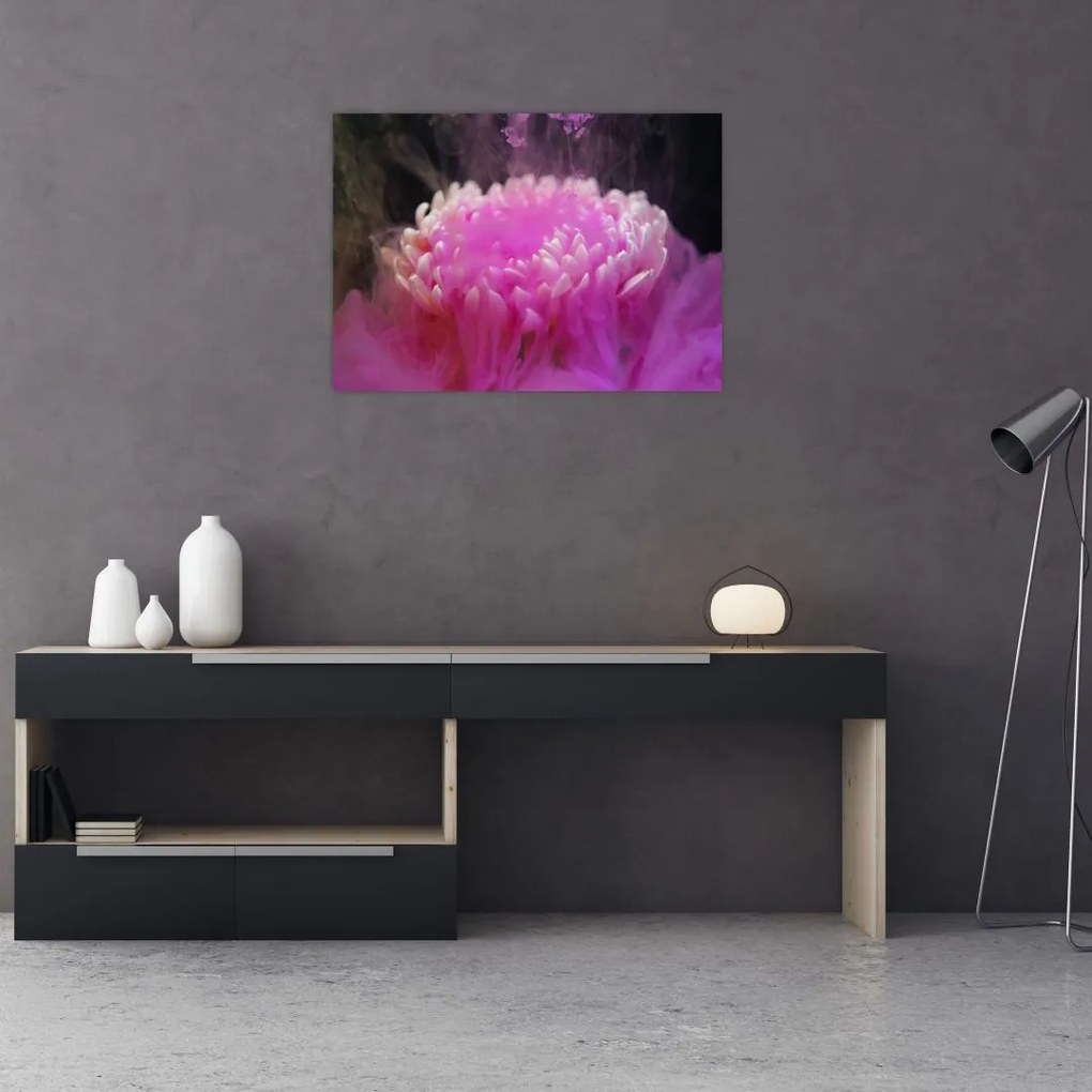 Tablou pe sticlă cu floare în fum roz (70x50 cm)