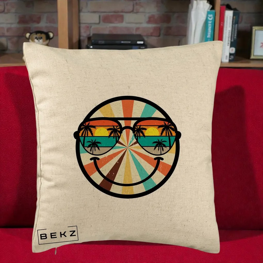 Perna Decorativa Smiley Face Retro Sunset Palmieri, 40x40 cm, Bej, Husa Detasabila, Perna Inclusa, BEKZ®