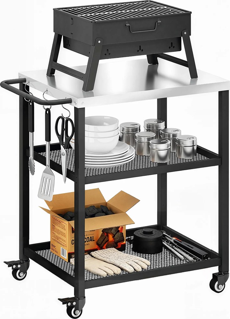 Outsunny Cărucior pentru grătar cu 3 niveluri mobil cu roți și frână Blat din oțel inoxidabil Raft reglabil Cârlige Negru | Aosom Romania