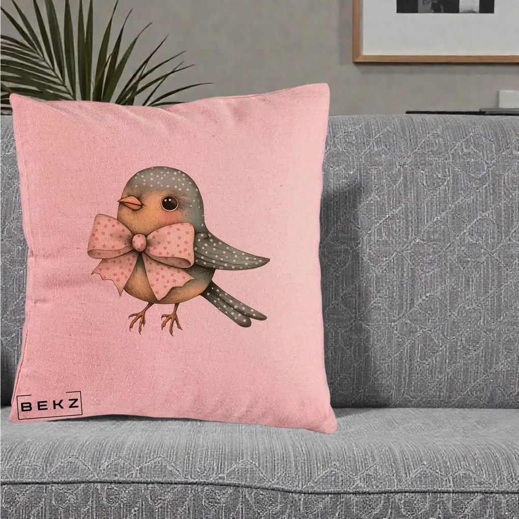 Perna Decorativa Pasare Teal cu Fundita cu Buline, 40x40 cm, Roz, Husa Detasabila, Perna Inclusa, BEKZ®