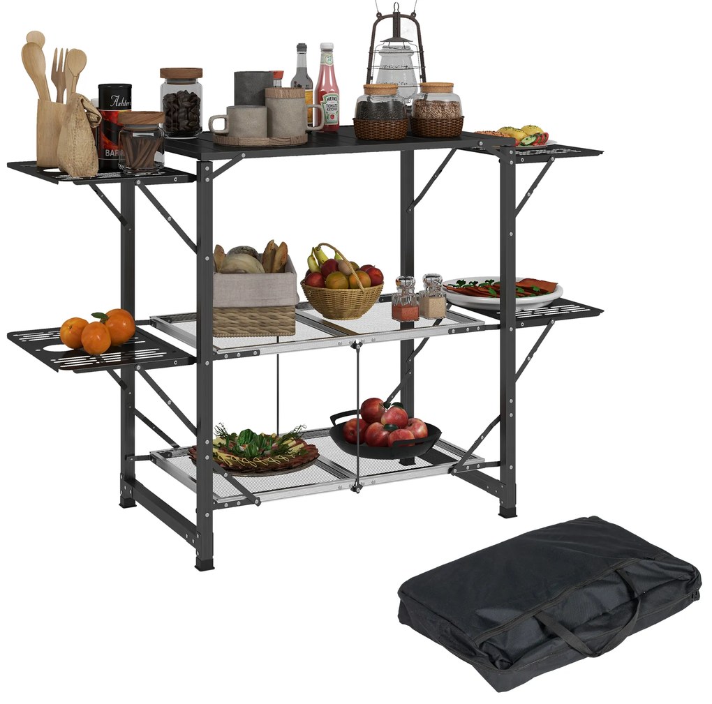 Outsunny Masă de bucătărie de camping pliantă, oţel și aluminiu, sac de transport, 2 rafturi, 2 rafturi și suporturi pentru pahare | Aosom Romania