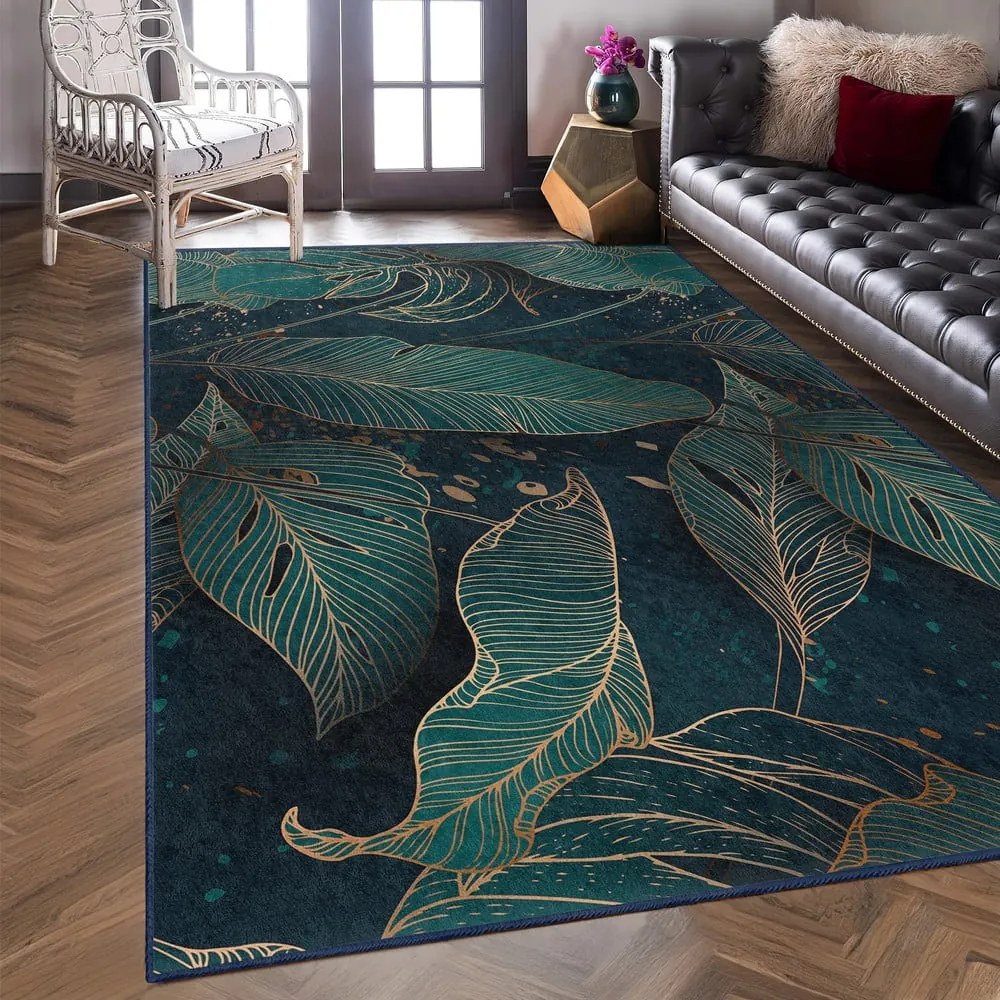 Covor tip traversă culoare petrol lavabil 80x200 cm Midnight Jungle – Mila Home