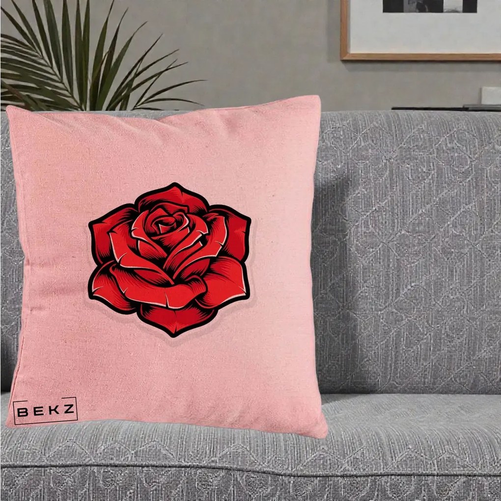 Perna Decorativa Trandafir Rosu Tattoo, 40x40 cm, Roz, Husa Detasabila, Perna Inclusa, BEKZ®