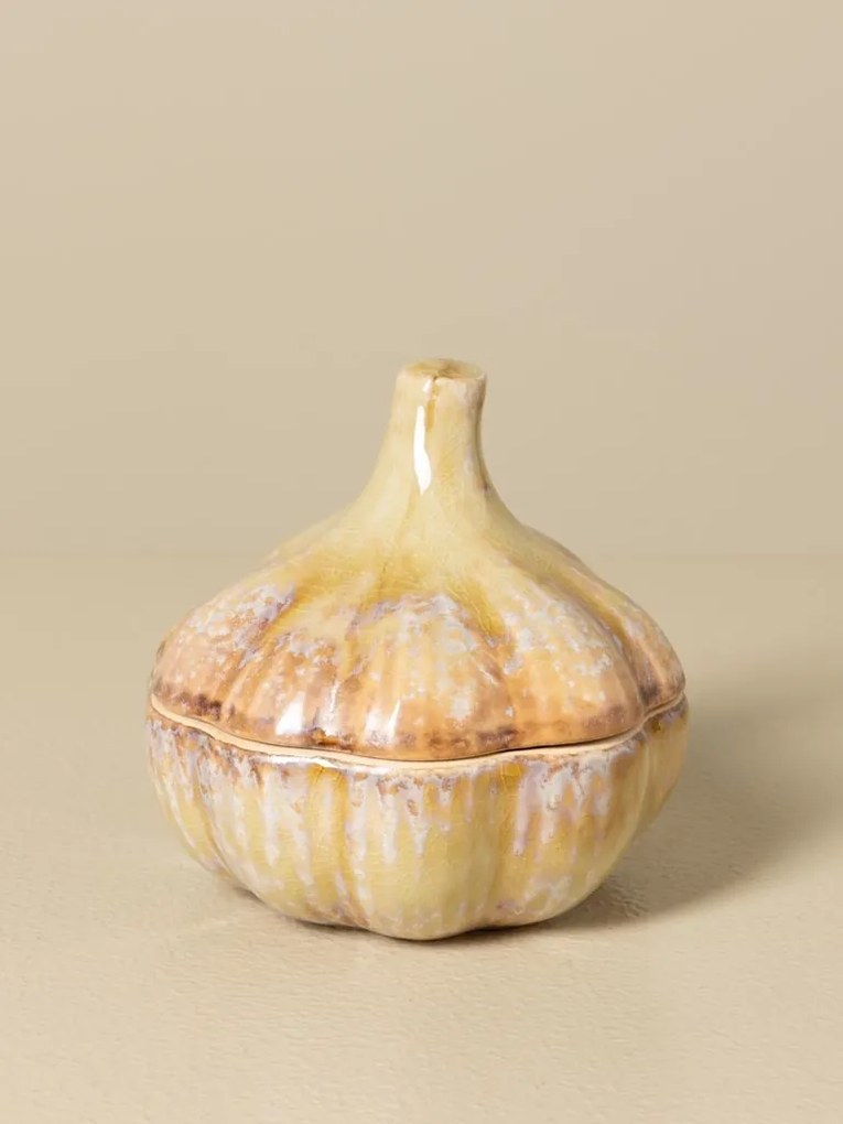Recipient din ceramică artizanală natur cu capac, formă de usturoi, 10,5 × 10 cm, „Garlic"