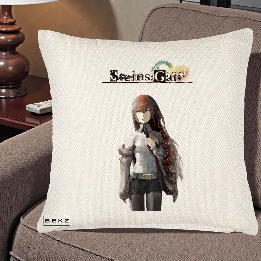 Perna Personalizata Steins Gate Kurisu Makise Anime, 40x40 cm, Crem Reliefat, Husa Detasabila, Perna Inclusa, BEKZ®