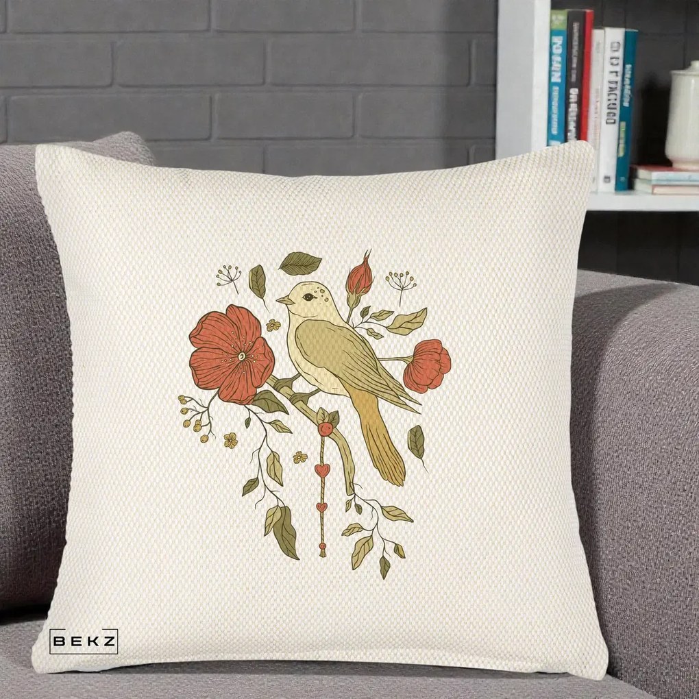 Perna Decorativa Pasare pe Ramura cu Maci, 40x40 cm, Crem Reliefat, Husa Detasabila, Perna Inclusa, BEKZ®