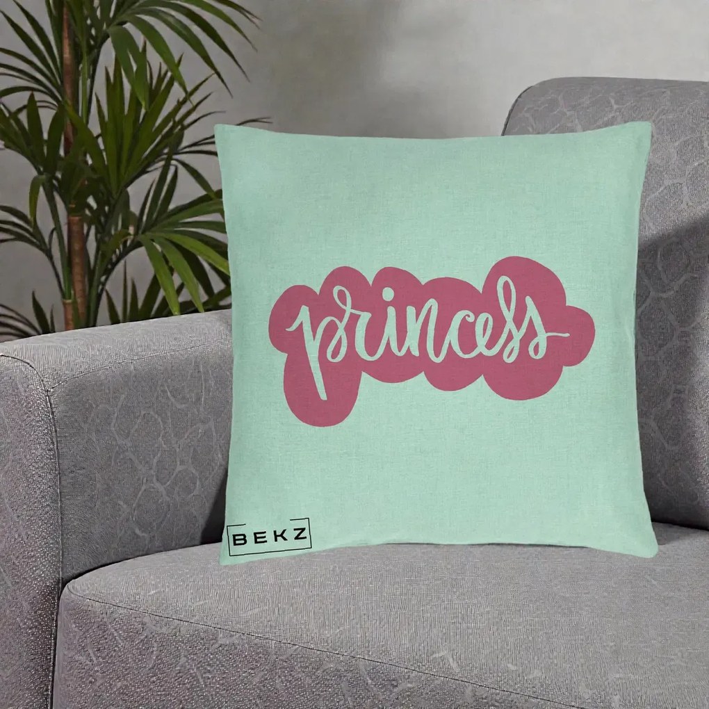 Perna Decorativa Princess Text Roz, 40x40 cm, Verde Menta, Husa Detasabila, Perna Inclusa, BEKZ®