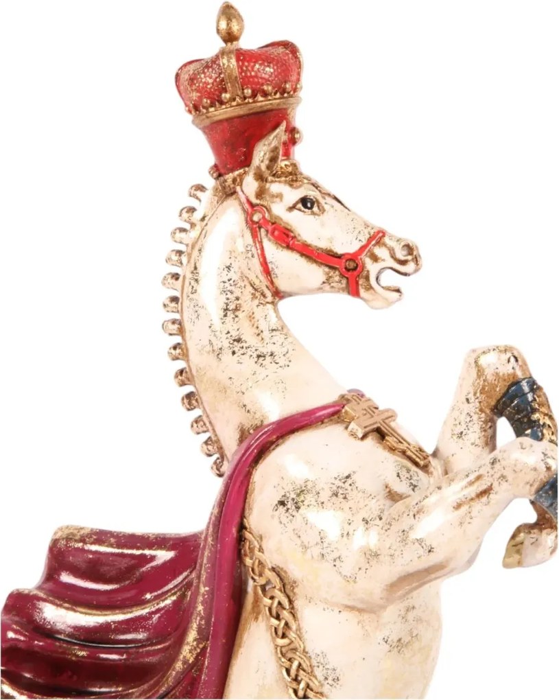Statuetă decorativă din polirășină, crem și roșu, cal cabrat cu coroană și mantie roșie, finisaj antichizat, 40 x 22 x 11 cm, „Majesté”