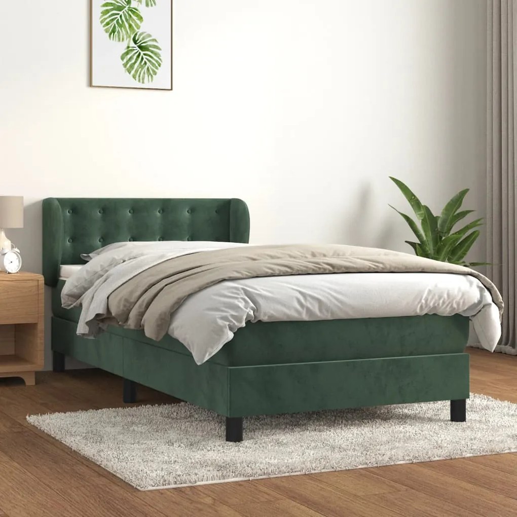 3127712 vidaXL Pat box spring cu saltea, verde închis, 90x200 cm, catifea