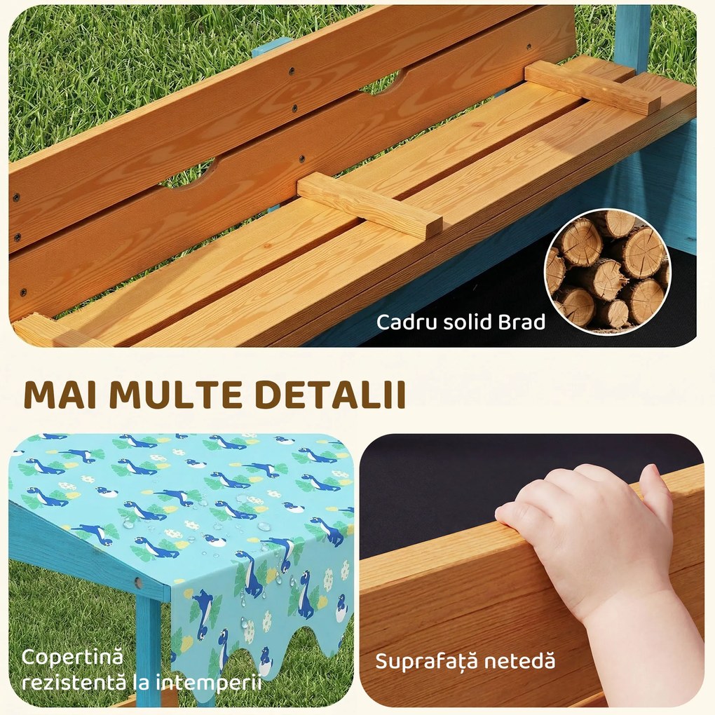 AIYAPLAY Lădiță cu Nisip pentru Copii 3-6 Ani cu Acoperiș Dinosauri, Bănci Pliabile, Capac și Husă Incluse, Lădiță de Nisip din Lemn de Brad, 134,5x127,5x130 cm, Albastru | Aosom Romania