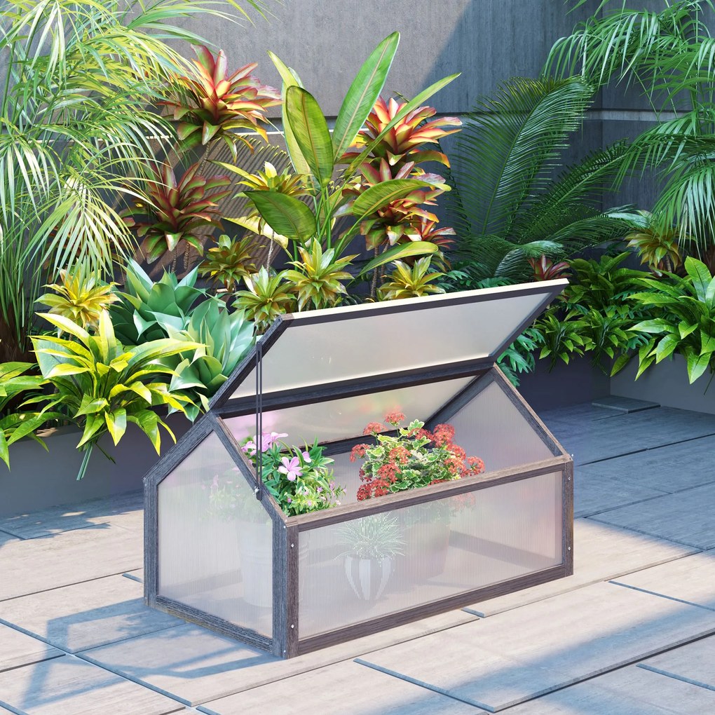 Outsunny Mini seră, Seră compactă din lemn, Plăci de policarbonat, Deschidere pentru ventilare, 90L x 52B x 49,5H cm, Gri | Aosom Romania