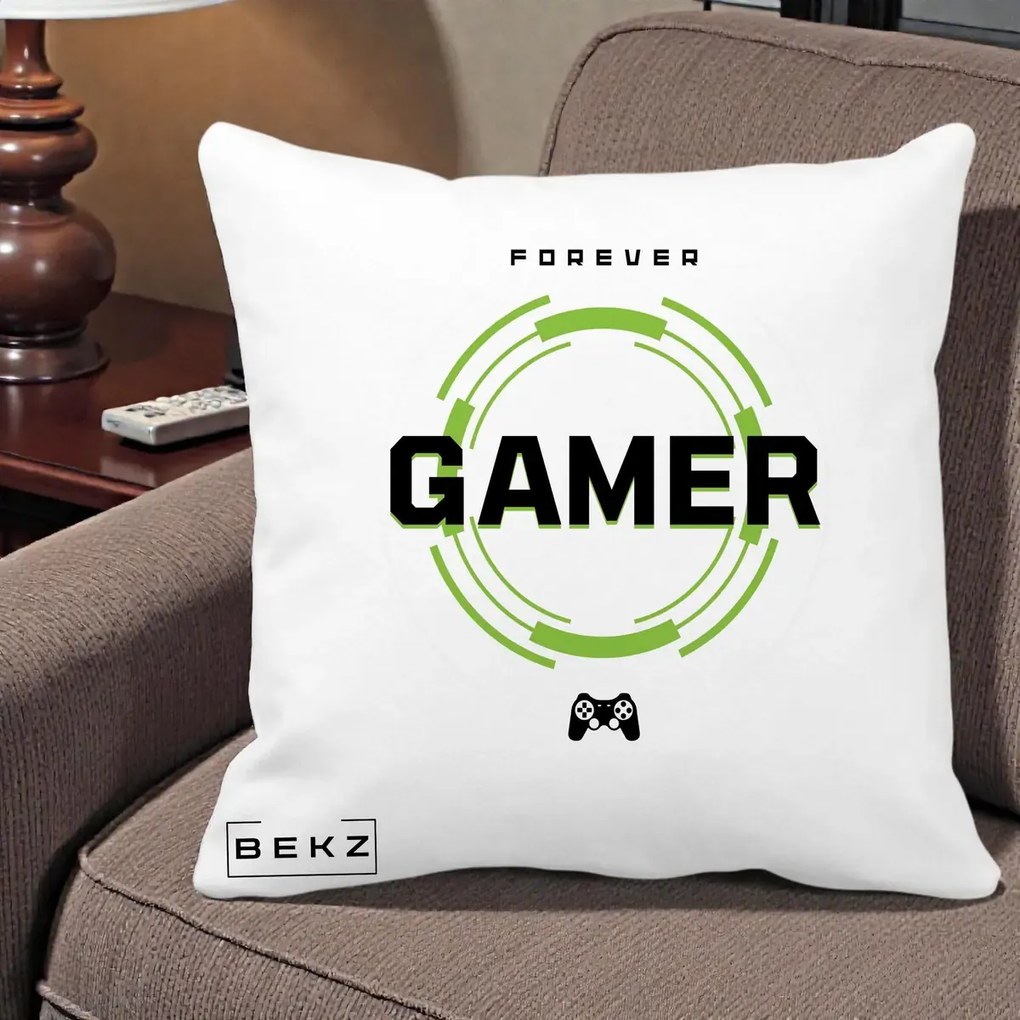 Perna Personalizata Forever Gamer, 40x40 cm, Alba Mata, Husa Detasabila, Perna Inclusa, BEKZ®