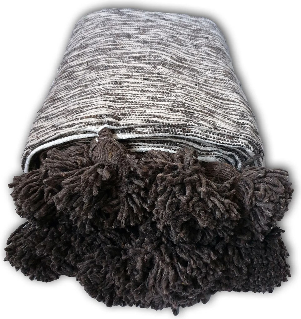 Pătură Maroc țesută manual, gri-alb cu ciucuri maro, bumbac, 250x150 cm