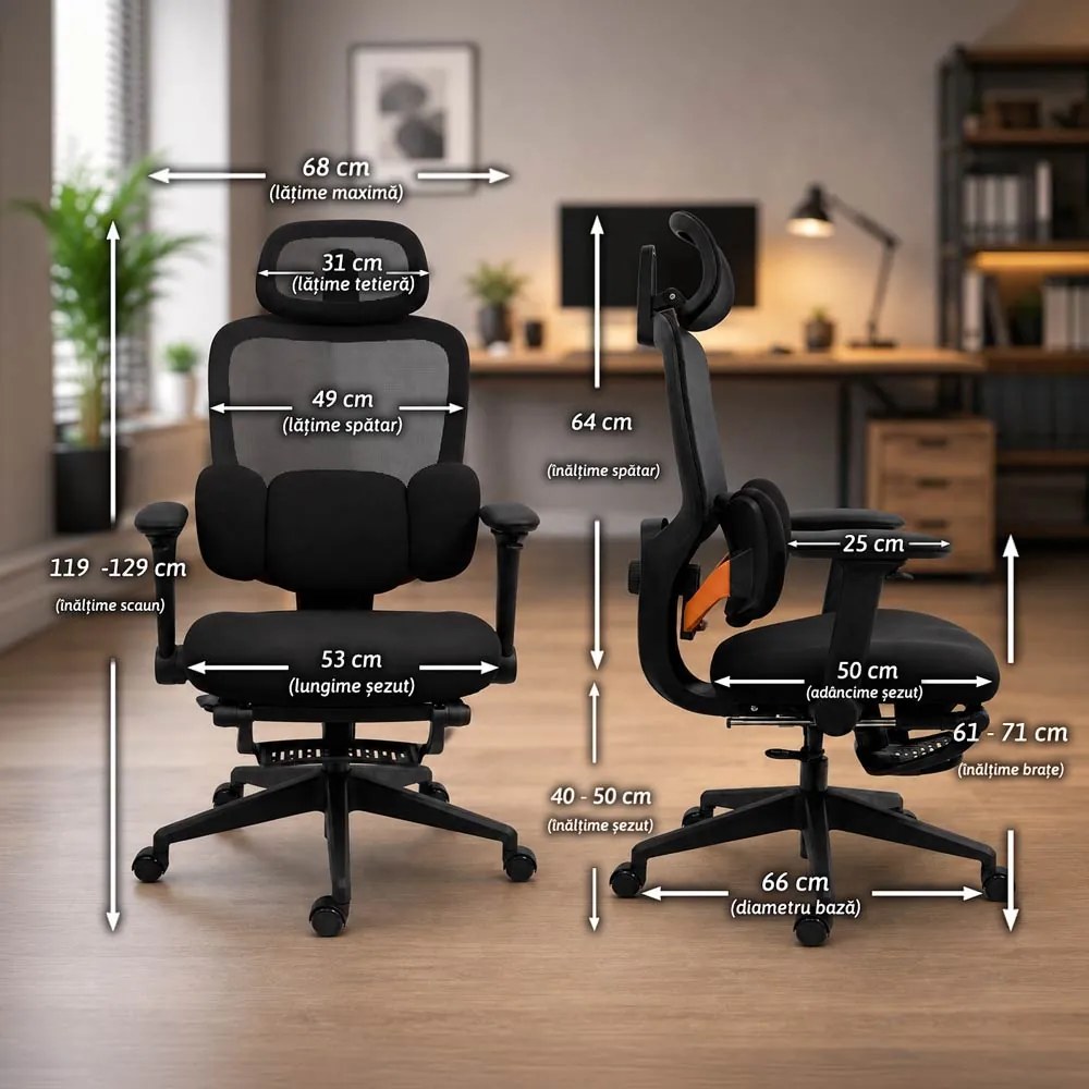 Scaun ergonomic din mesh cu tetieră reglabilă și suport lombar reglabil SYYT 9523 crem