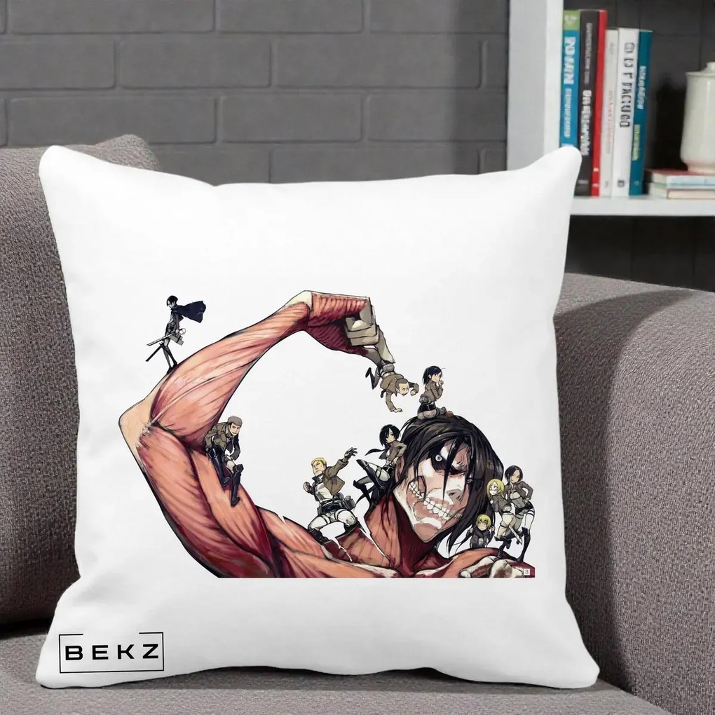 Perna Personalizata Attack on Titan Eren Titan Grup, 40x40 cm, Alba Mata, Husa Detasabila, Perna Inclusa, BEKZ®