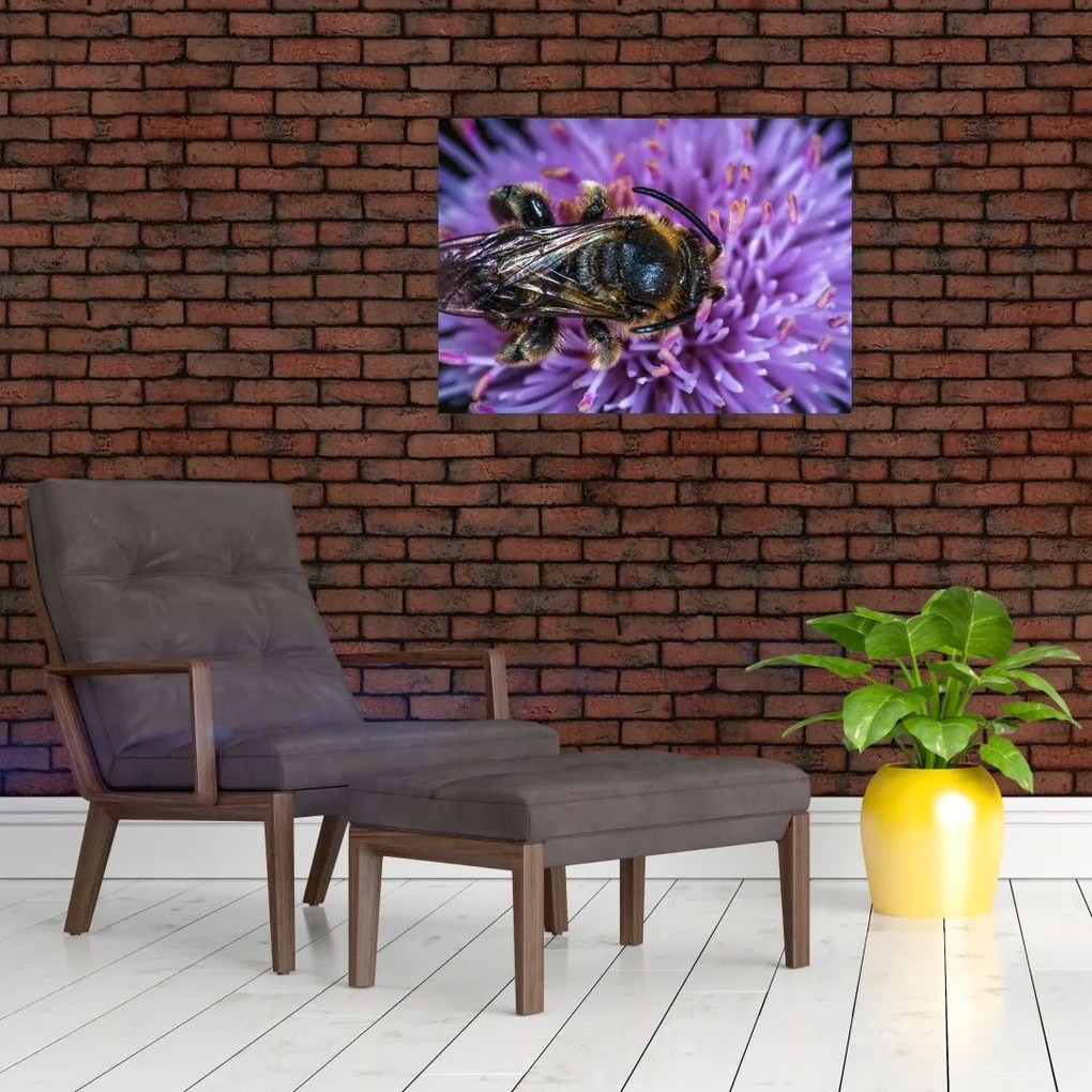 Tablou pe sticlă cu albina pe floare (70x50 cm)