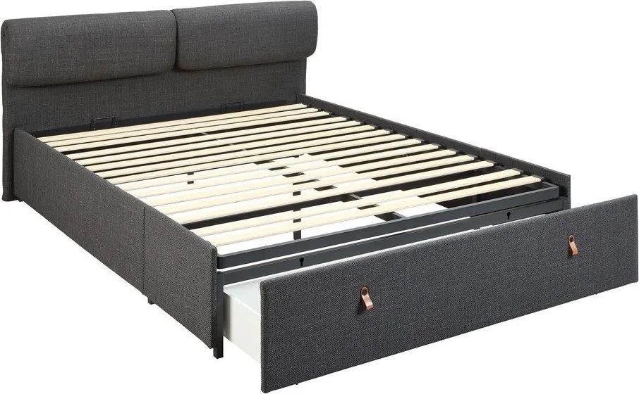 Pat matrimonial gri închis tapițat cu spațiu de depozitare cu somieră 160x200 cm Calvi – Actona