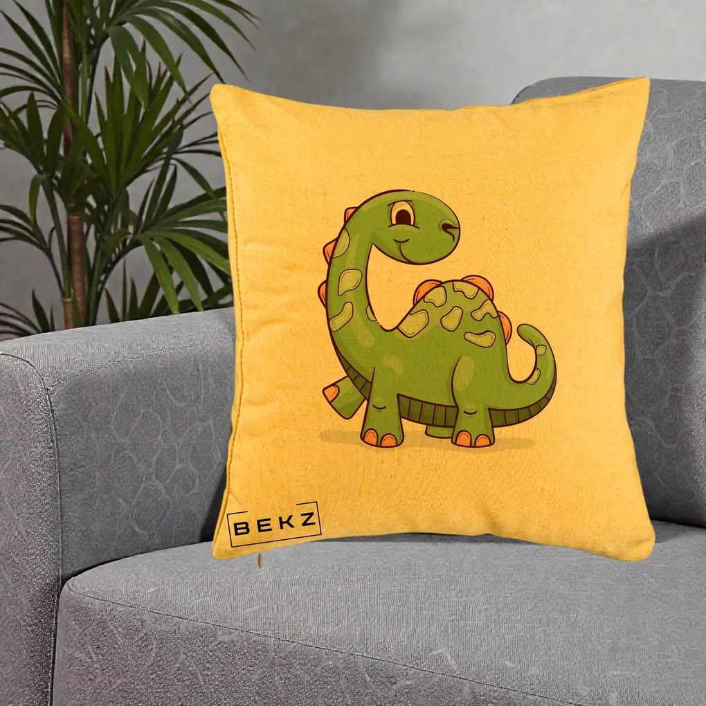 Perna Decorativa Brontosaur Verde Simpatic, 40x40 cm, Galben, Husa Detasabila, Perna Inclusa, BEKZ®