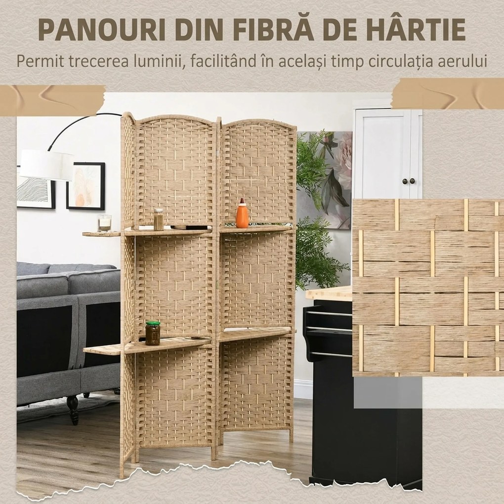 HOMCOM Paravan Interior Pliabil cu 4 Panouri și Rafturi, 160x1,6x170 cm, Natural | Aosom Romania