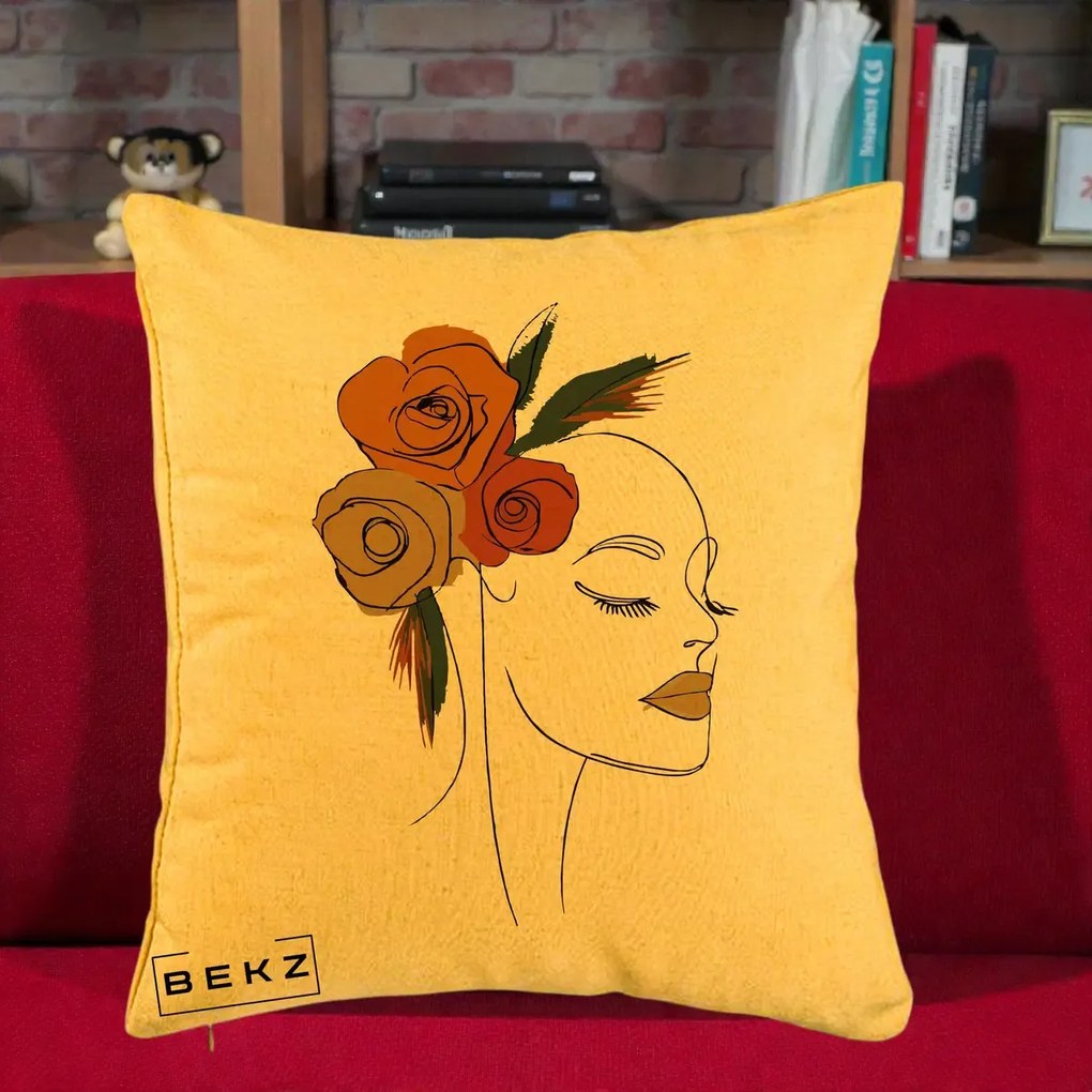 Perna Decorativa Portret Feminin Trandafiri Ruginii, 40x40 cm, Galben, Husa Detasabila, Perna Inclusa, BEKZ®