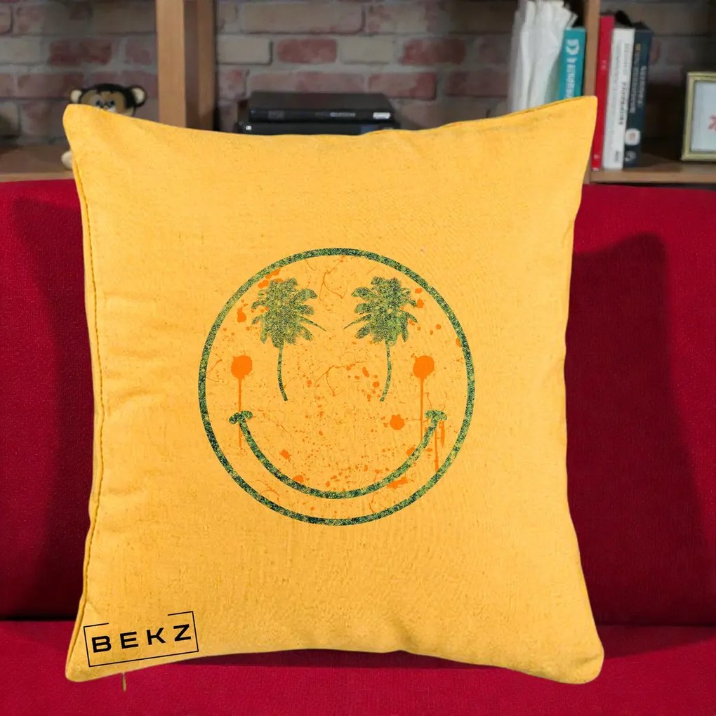 Perna Decorativa Smiley Face Tropical Albastru Glitter si Portocaliu, 40x40 cm, Galben, Husa Detasabila, Perna Inclusa, BEKZ®