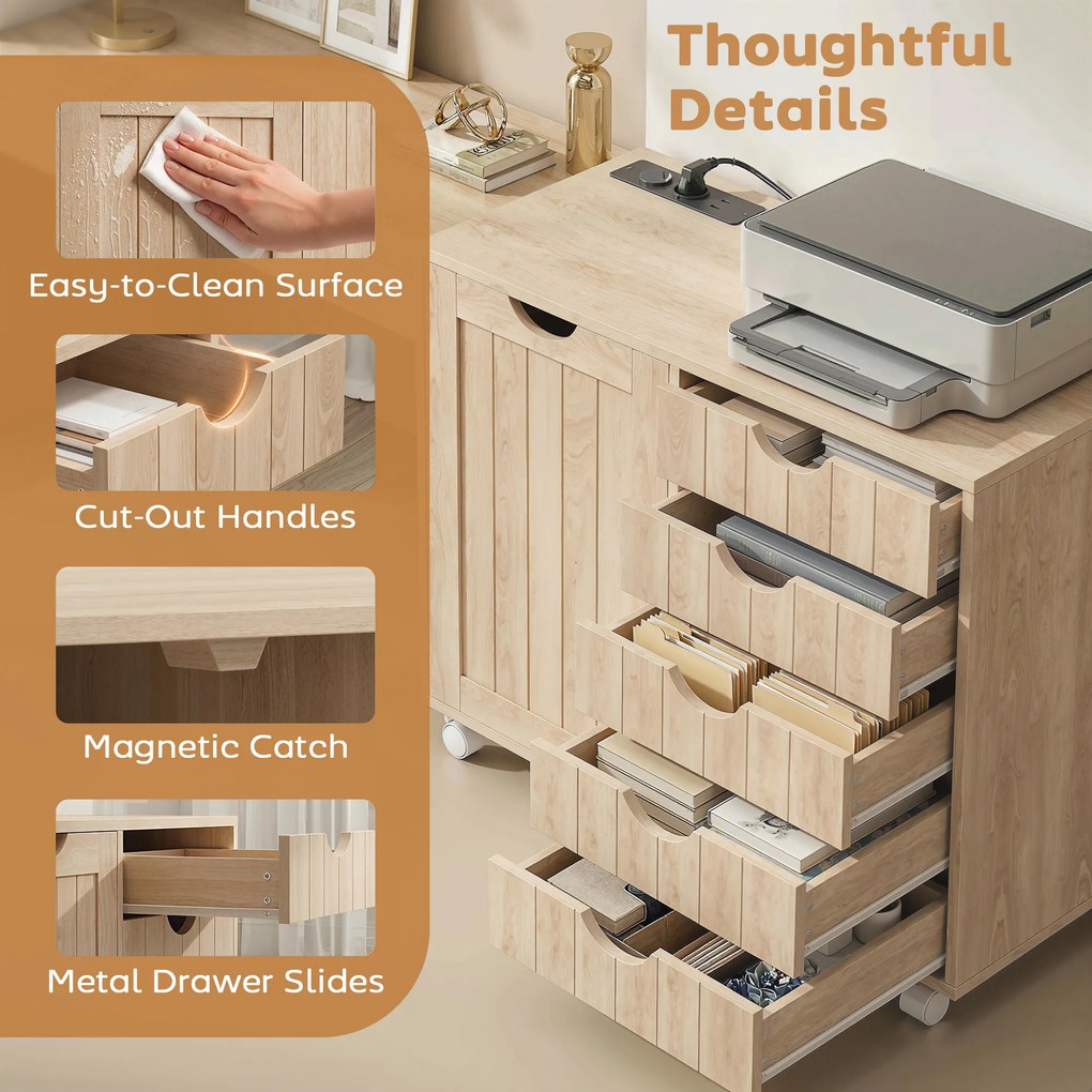 HOMCOM Mobilier pentru imprimantă cu stație de încărcare și roți 5 sertare porturi USB poliță reglabilă natural | Aosom Romania