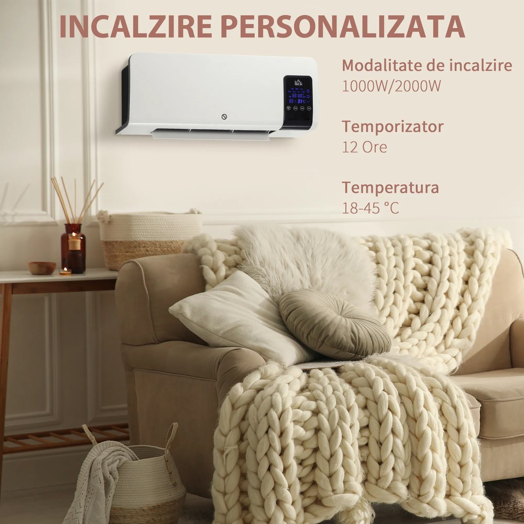 HOMCOM Incalzitor electric de perete cu 2 setari de caldura, oscilatie, temporizator, temperatura reglabila | AOSOM RO