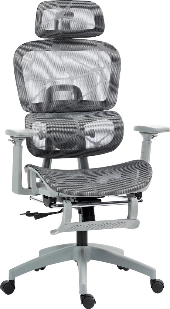 HOMCOM Fotoliu de birou, scaun ergonomic din plasă cu cotiere 3D, spătar rabatabil, 66x64x122 cm, gri | Aosom Romania