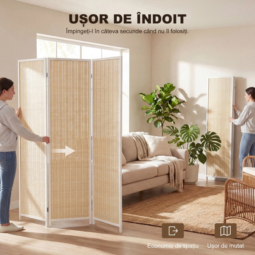 HOMCOM Paravan de Interior cu 3 Panouri, Pliabil, din Lemn și Bambus, 180 cm, Stil Boho, Natur/Alb | Aosom Romania