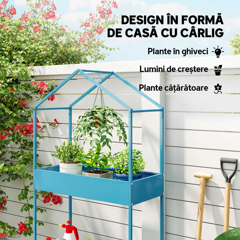 Outsunny Suport Ghivece pe 2 Niveluri din Metal în Formă de Casă, Raft pentru Plante cu Cârlig pentru Interior și Exterior, 75x35x150 cm, Verde Albastru | Aosom Romania