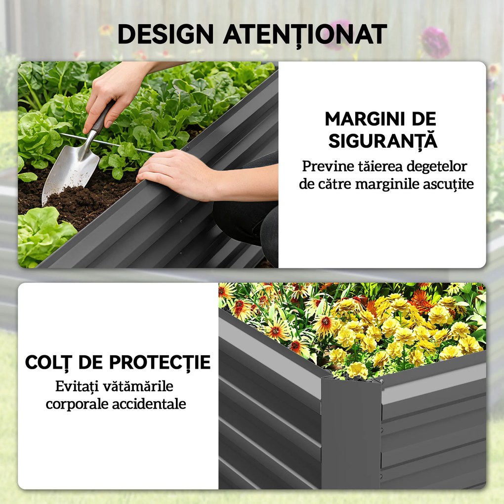 Outsunny Pat de Grădină Ridicat pentru Exterior cu Fund Deschis și Bare de Susținere, Jardinieră din Oțel Galvanizat, pentru Flori, Legume, Balcon sau Grădină, 180x90x57,5 cm, Gri Închis | Aosom Romania