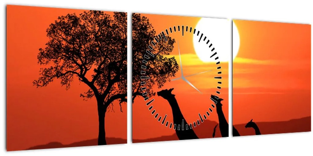 Tablou cu girafe în apus de soare (cu ceas) (90x30 cm)