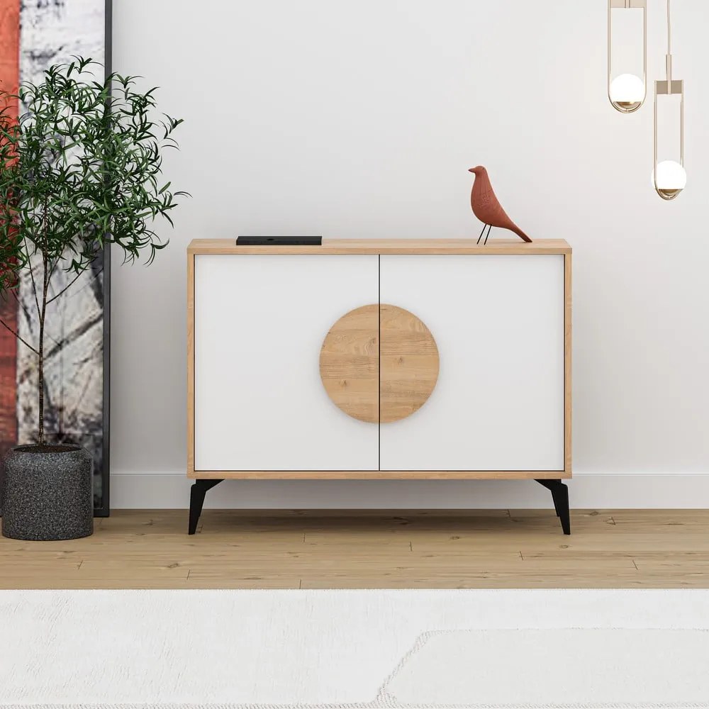 Comodă albă/în culoare naturală joasă cu aspect de lemn de stejar 110x82 cm Vae – Marckeric