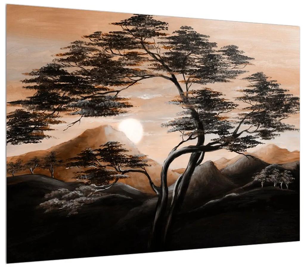 Tablou cu pom, munți și soare (70x50 cm), în 40 de alte dimensiuni noi