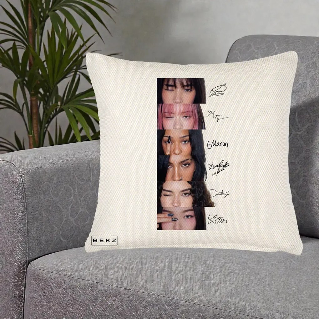 Perna Personalizata K-pop KATSEYE Semnaturi fara Foto, 40x40 cm, Crem Reliefat, Husa Detasabila, Perna Inclusa, BEKZ®