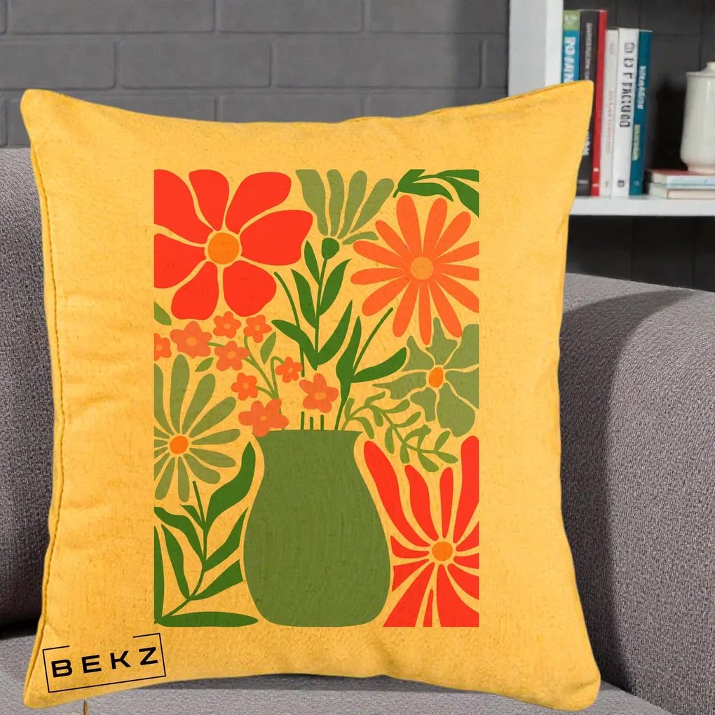 Perna Decorativa Flori in Vaza Turcoaz, 40x40 cm, Galben, Husa Detasabila, Perna Inclusa, BEKZ®