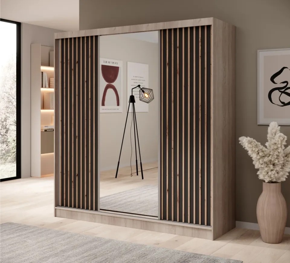 Dulap cu usi glisante si oglinda, 200x61x215 cm, Ida 200, ADRK Furniture (Culoare: Alb / Negru)