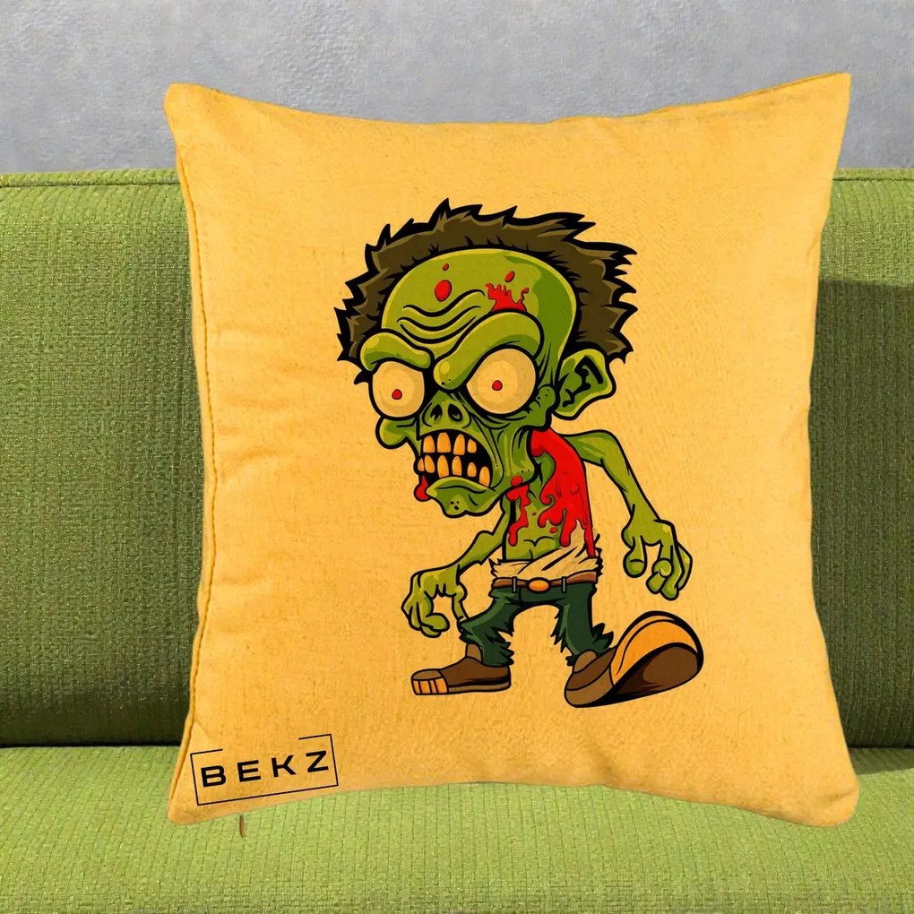 Perna Decorativa Zombie Halloween, 40x40 cm, Galben, Husa Detasabila, Perna Inclusa, BEKZ®