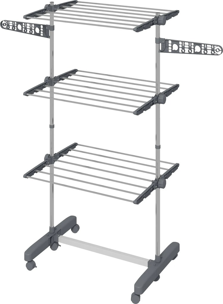 HOMCOM Uscător de Rufe Pliabil Tip Turn cu 6 Roți, Cârlige și 3 Rafturi Reglabile pentru Interior, 142x55x152 cm, Argintiu | Aosom Romania