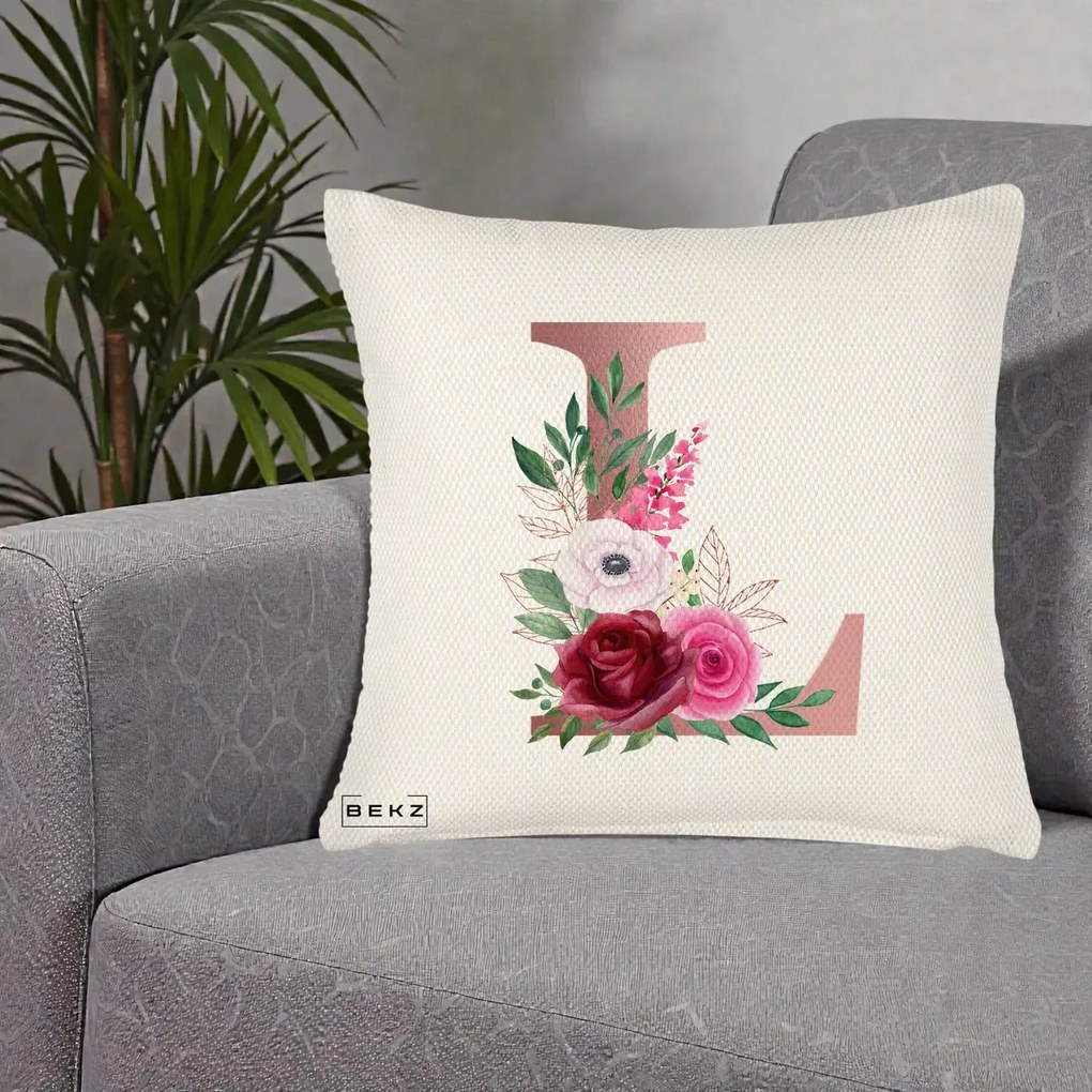 Cadou Personalizat - Perna Personalizata Monograma Rose Gold Litera L, 40x40 cm, Crem Reliefat, Husa Detasabila, Perna Inclusa, BEKZ®