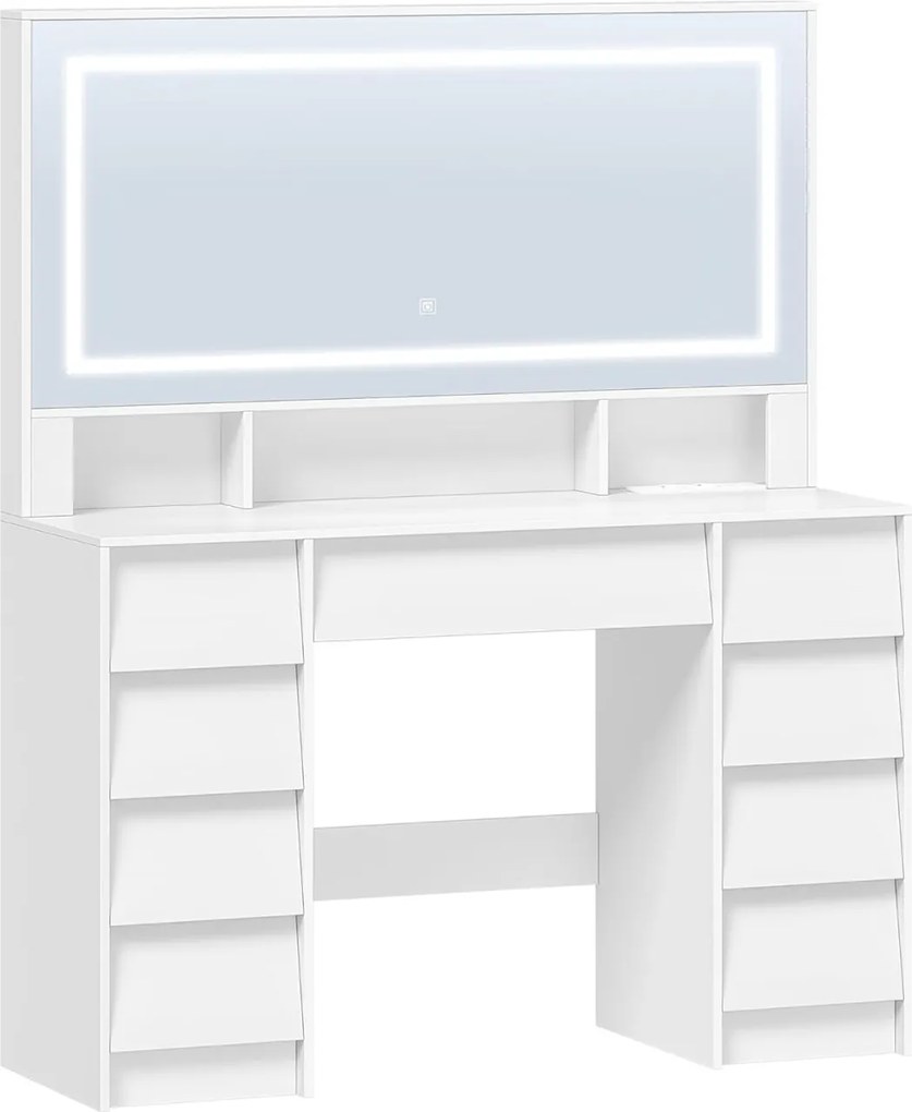 Masuta machiaj cu Oglinda LED si 9 Sertare pentru Cosmetice, Set Masa toaleta 109 cm, Alb, masuta cosmetica, vanity - SEA19