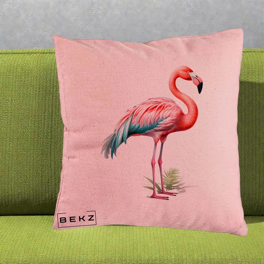 Perna Decorativa Flamingo Roz cu Pene Teal, 40x40 cm, Roz, Husa Detasabila, Perna Inclusa, BEKZ®