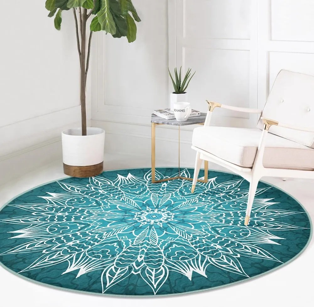 Covor rotund turcoaz lavabil adecvat și pentru aspiratoare robot ø 120 cm Comfort – Mila Home