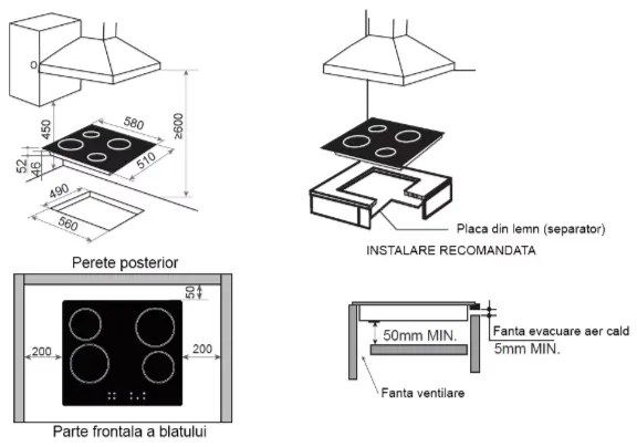 Plita incorporabila Pyramis P40CERA, vitroceramica, 4 zone de gatit, touch control, 58cm, Negru