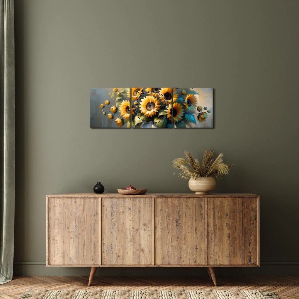 Tablou – Vază cu floarea-soarelui (cu ceas) (90x30 cm)