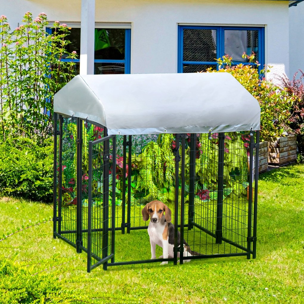 PawHut Chenar exterior cu acoperiș încuietoare pentru câine cadru din metal 120 x 120 x 138cm negru | Aosom Romania